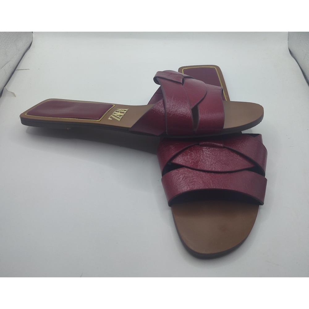 Zara Sandals Maroon Burgundy Size 37 Flats Slides Leather Gold Accents US 6.5